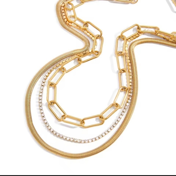 New Layered Gold Plated Chain Necklace Set With Link, Cz, Snake Chains  | NWOT - Picture 2 of 7